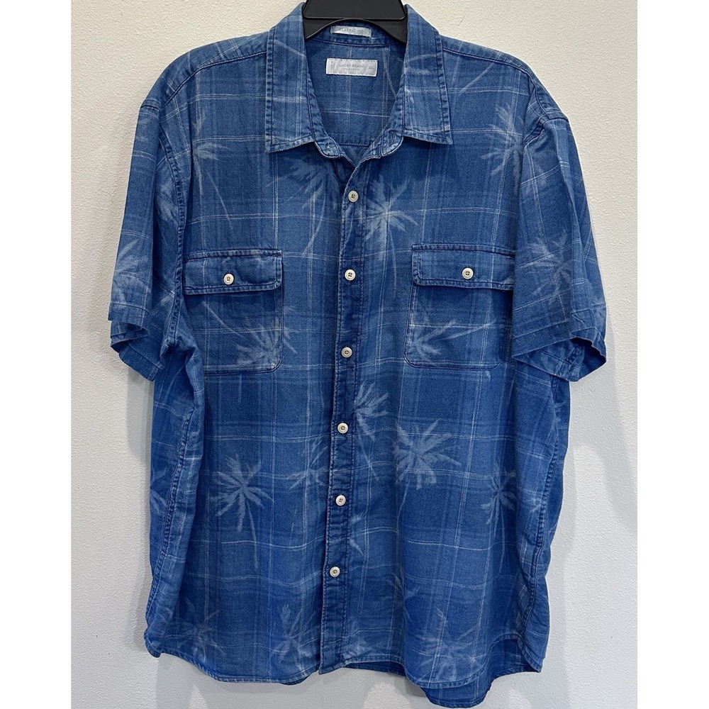 Lucky Brands Mens Short Sleeve Shirt Button Down XXL Blue Denim‎ With Palm Trees